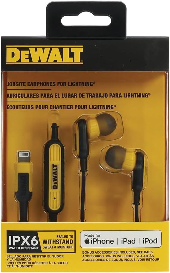 DEWALT Heavy Duty Lightning Earphones (IPX6) – Wired, Jobsite-Safe for iPhone 14 & Older