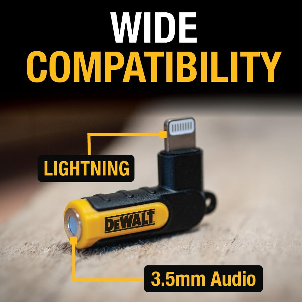 DEWALT Heavy Duty 3.5mm to Lightning Adapter – 90° L Connector, iPhone Audio Jack Converter