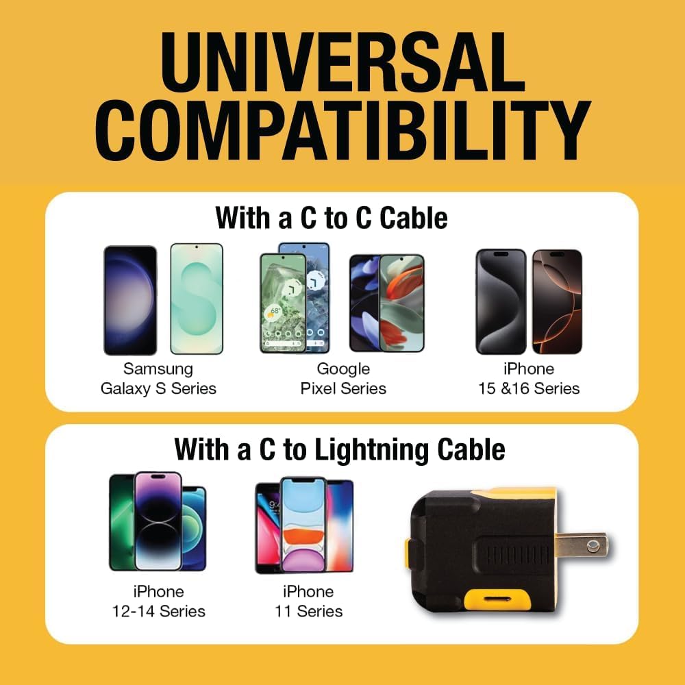 DEWALT NeverBlock 20W Dual USB-C Charger – Angled, Foldable Plug