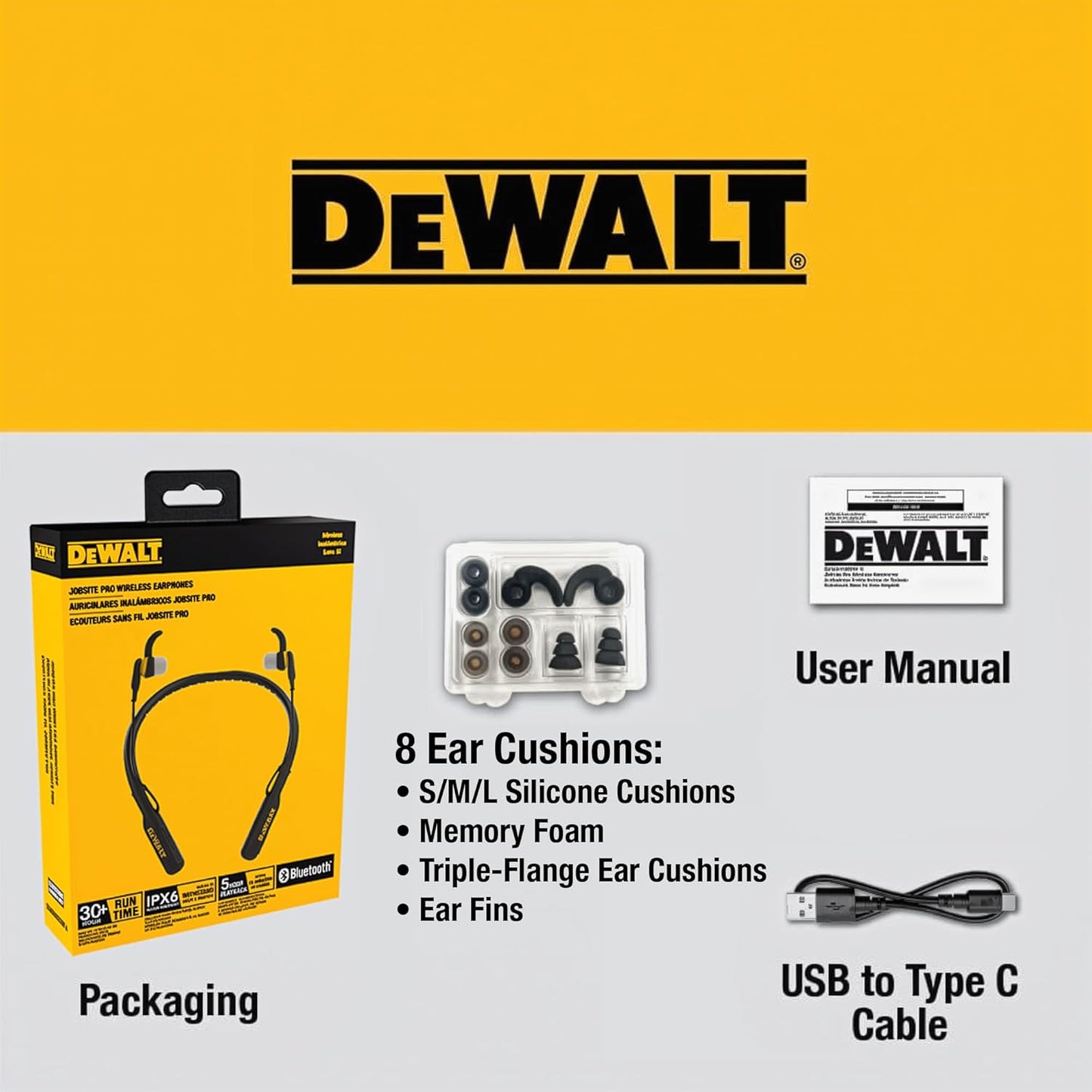 DEWALT Black Edition Bluetooth Neckband Headphones – 30H Wireless Jobsite Earbuds