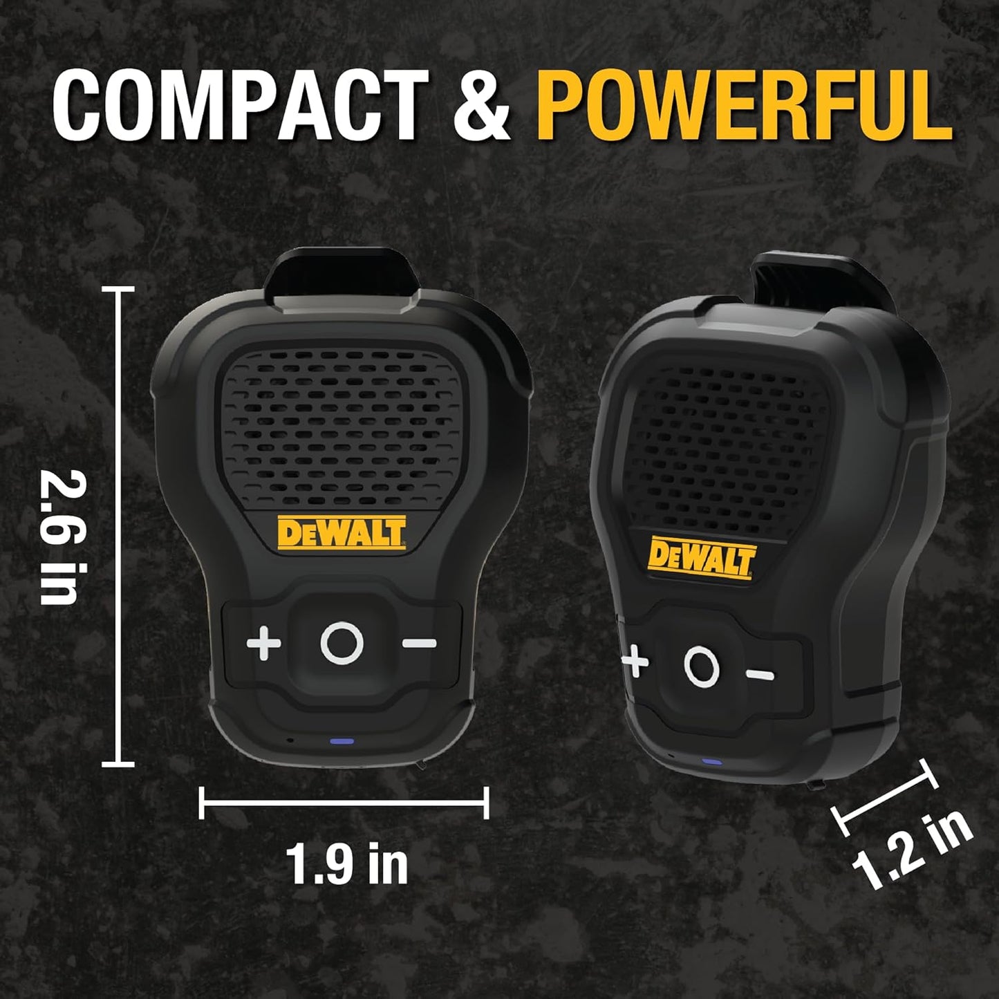 DEWALT Wearable Bluetooth Speaker – Onyx Edition Clip-On Wireless Jobsite Speaker w/Mic, Water-Repellent, Compact & Portable