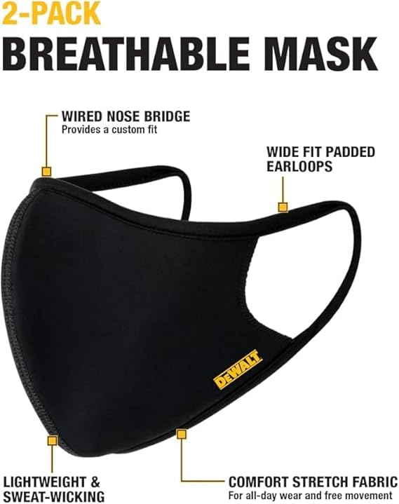 DEWALT Breathable Cooling Face Masks – 2-Pack with Adjustable Fit & Neckstrap