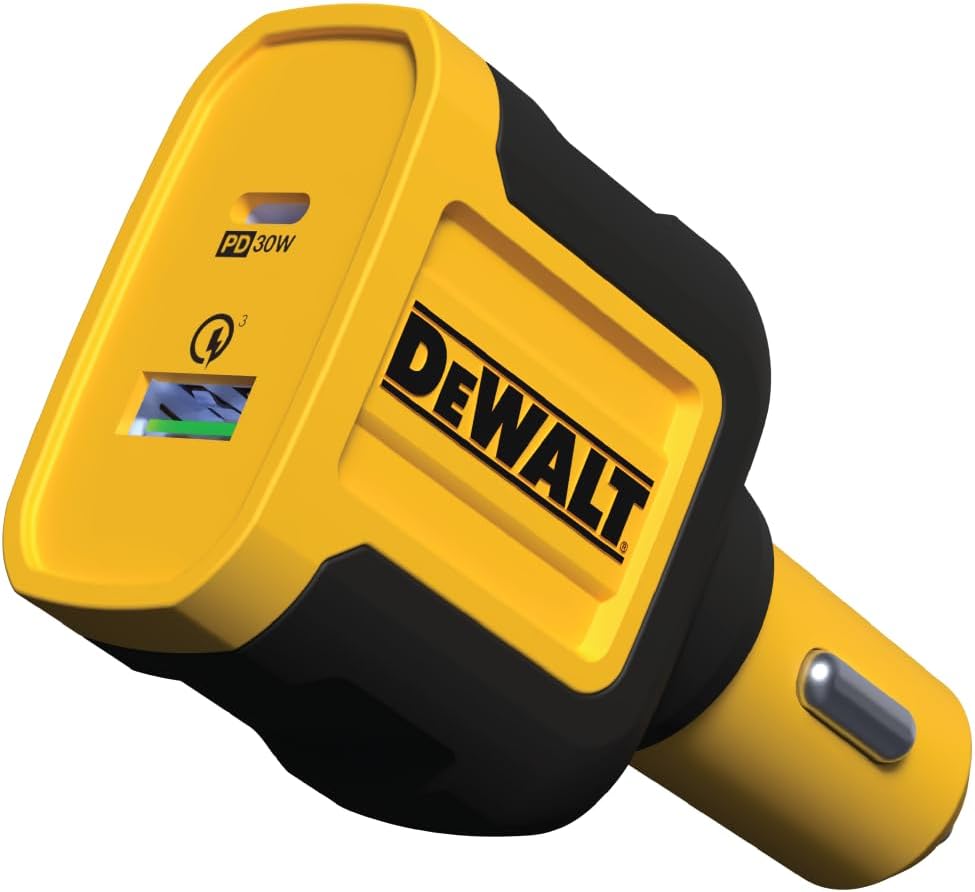DEWALT 49.5W Dual USB & USB-C Car Charger – Simultaneous Fast Charging