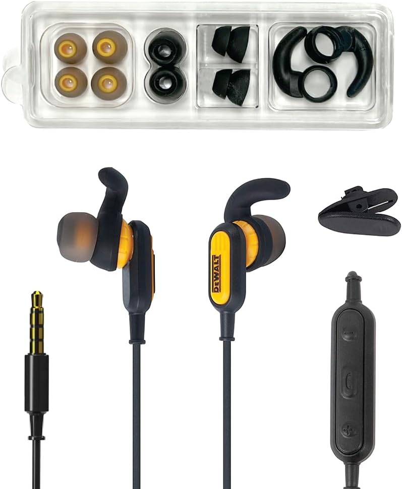 DEWALT Heavy Duty 3.5mm Wired Earphones w/Microphone – Jobsite Water-Resistant Earbuds