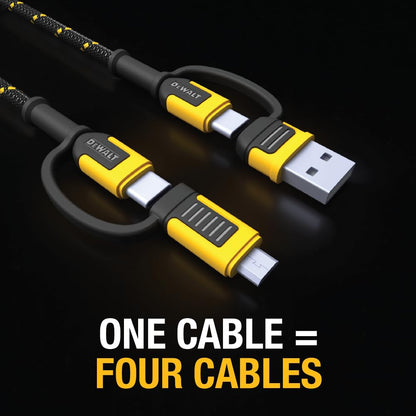 DEWALT Heavy-Duty 4-in-1 Charging Cable – 6ft Fast Charger USB-C, Micro USB & iPhone