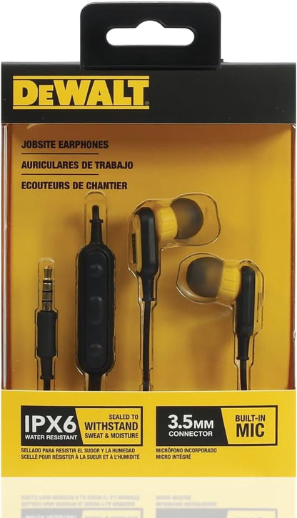 DEWALT Heavy Duty 3.5mm Wired Earphones w/Microphone – Jobsite Water-Resistant Earbuds
