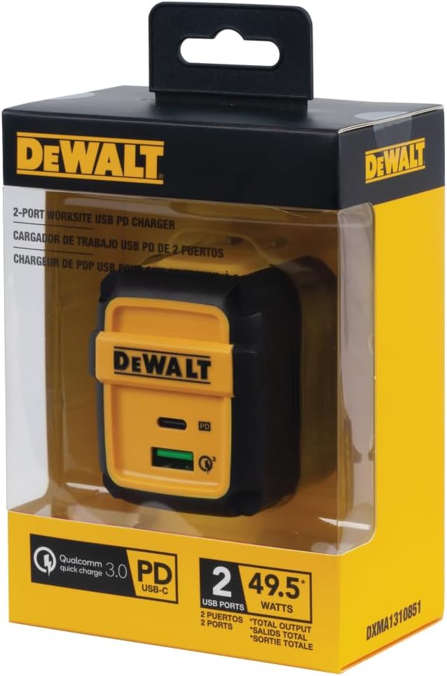 DEWALT Heavy Duty 49.5W Dual Port USB & USB-C Wall Charger – Compact Foldable Adapter