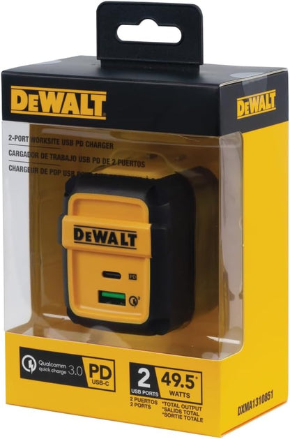 DEWALT Heavy Duty 49.5W Dual Port USB & USB-C Wall Charger – Compact Foldable Adapter