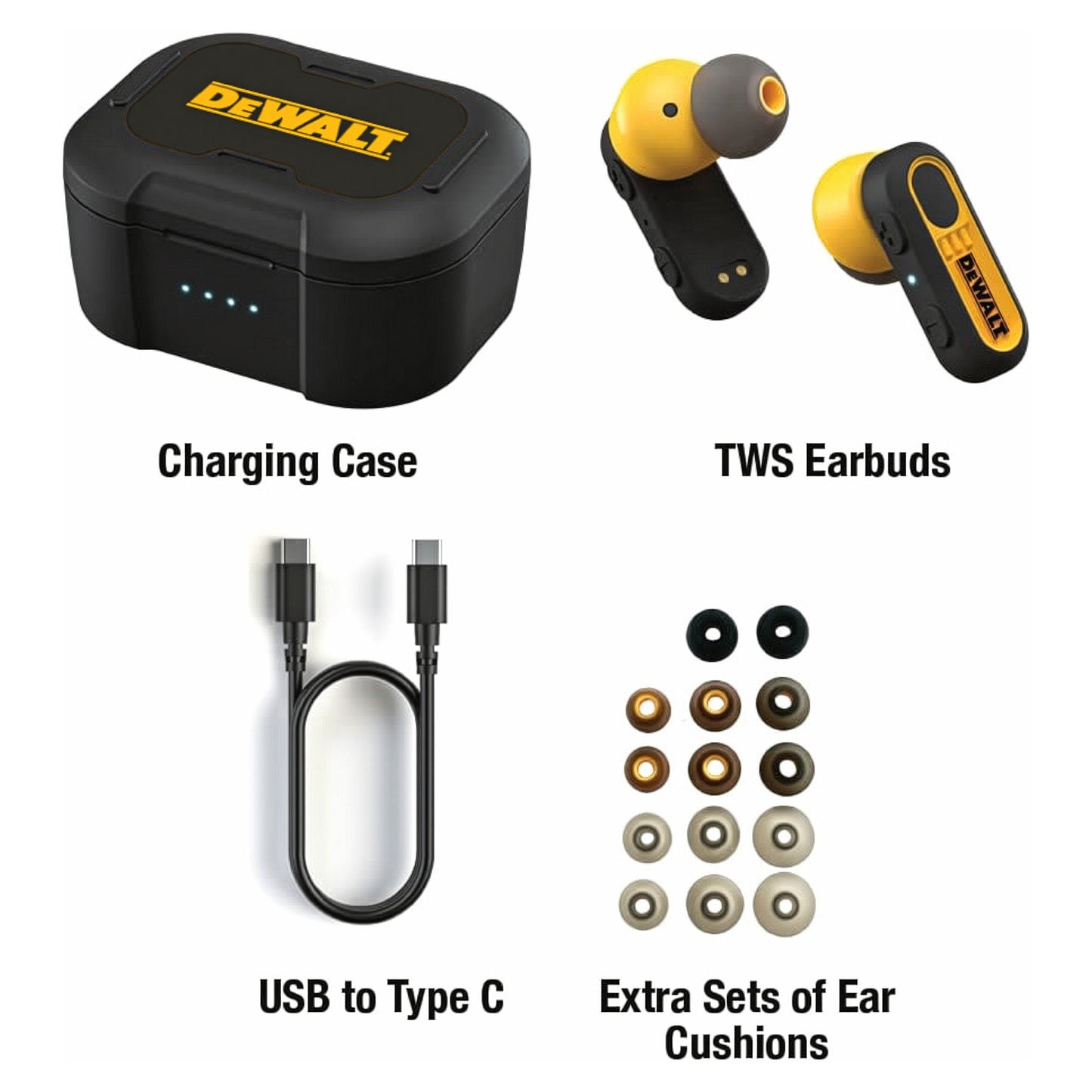 DEWALT Heavy Duty True Wireless Earbuds – Black Edition, 30+ Hr Battery, Jobsite Ready