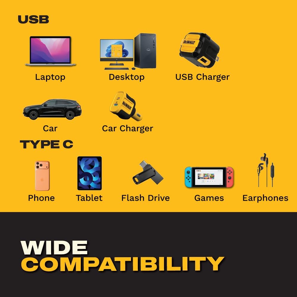 DEWALT USB-C to USB-A Adapter 4-Pack – Fast Charging & 5Gbps Data Converter