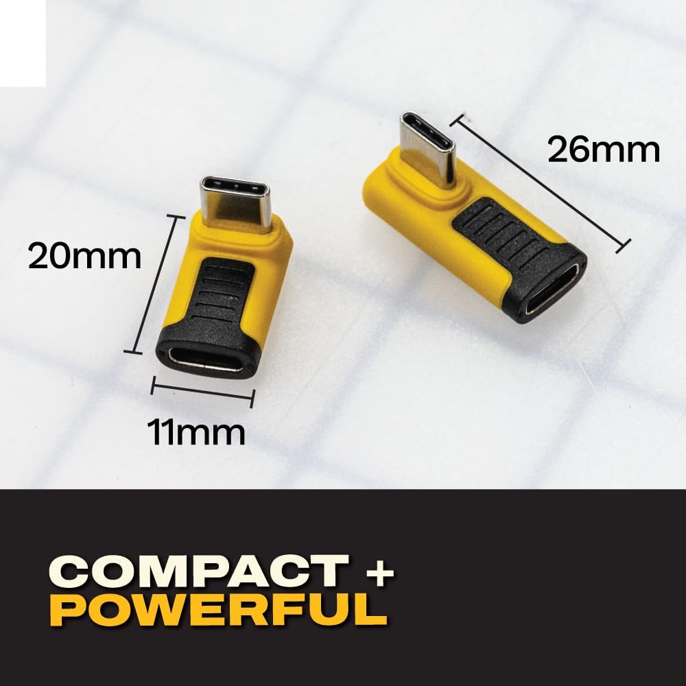 DEWALT 240W 90° USB-C Adapter (2 Styles) – Right Angle USB-C Male to Female Connector, 8K Video, 40Gbps Data, PD Fast Charging, Durable Jobsite Design