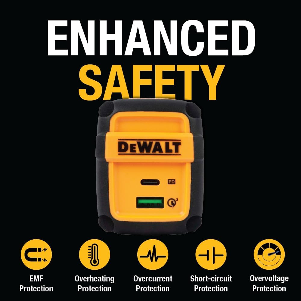 DEWALT Heavy Duty 49.5W Dual Port USB & USB-C Wall Charger – Compact Foldable Adapter