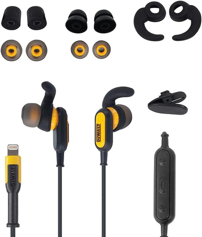 DEWALT Heavy Duty Lightning Earphones (IPX6) – Wired, Jobsite-Safe for iPhone 14 & Older