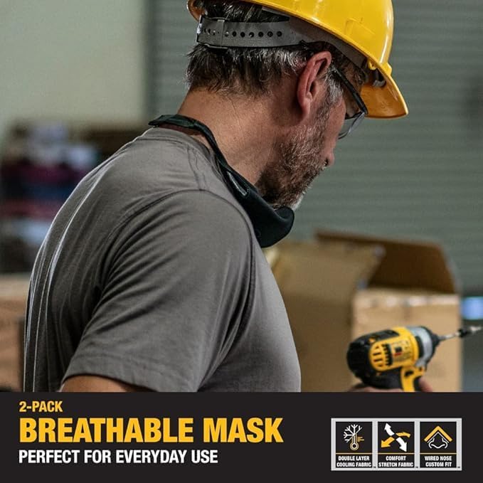 DEWALT Breathable Cooling Face Masks – 2-Pack with Adjustable Fit & Neckstrap