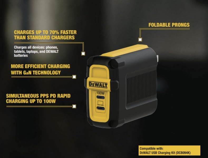 DEWALT Heavy Duty 100W USB-C GaN Wall Charger – Dual Port Fast PD Charger Block