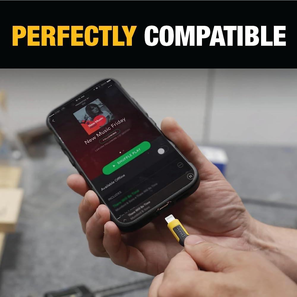 DEWALT Heavy Duty Lightning Earphones (IPX6) – Wired, Jobsite-Safe for iPhone 14 & Older