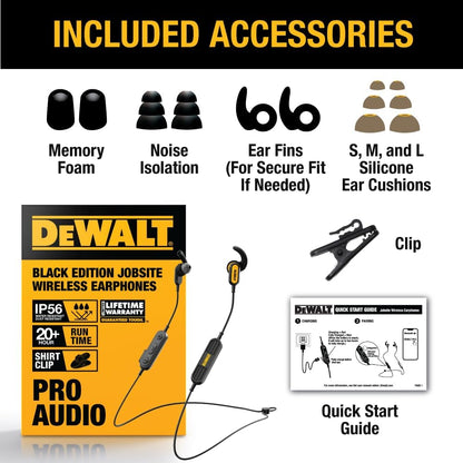 DEWALT Heavy Duty Neckband Bluetooth 5.2 Earbuds – 20H Runtime, IP56, with Mic, Limited Black Edition