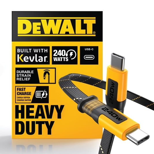 DEWALT Heavy Duty USB-C to USB-C Cable – Flat 240W Kevlar-Reinforced Fast Charger for iPhone, Samsung, MacBook, iPad, Pixel