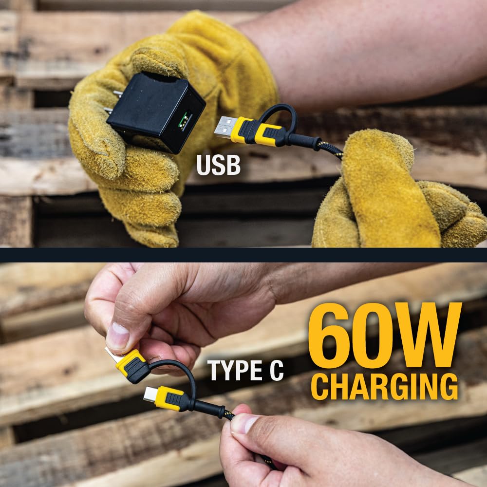 DEWALT Heavy-Duty 4-in-1 Charging Cable – 6ft Fast Charger USB-C, Micro USB & iPhone