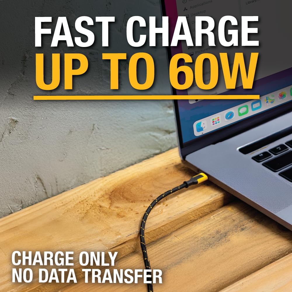 DEWALT Heavy Duty 20ft USB-C Cable – Extra-Long 60W Fast Charge Only Cable with 90° Connector for Gaming & Devices