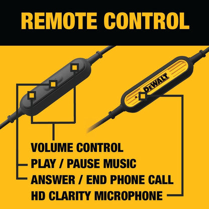 DEWALT Heavy Duty 3.5mm Wired Earphones w/Microphone – Jobsite Water-Resistant Earbuds