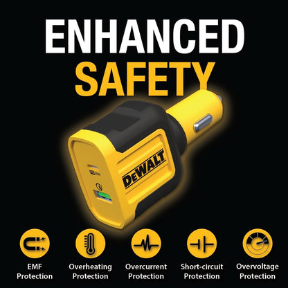 DEWALT 49.5W Dual USB & USB-C Car Charger – Simultaneous Fast Charging