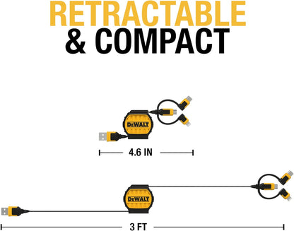 DEWALT 3-in-1 Retractable Charging Cord – 3ft Heavy-Duty Fast Charger USB-C, Lightning & Micro USB