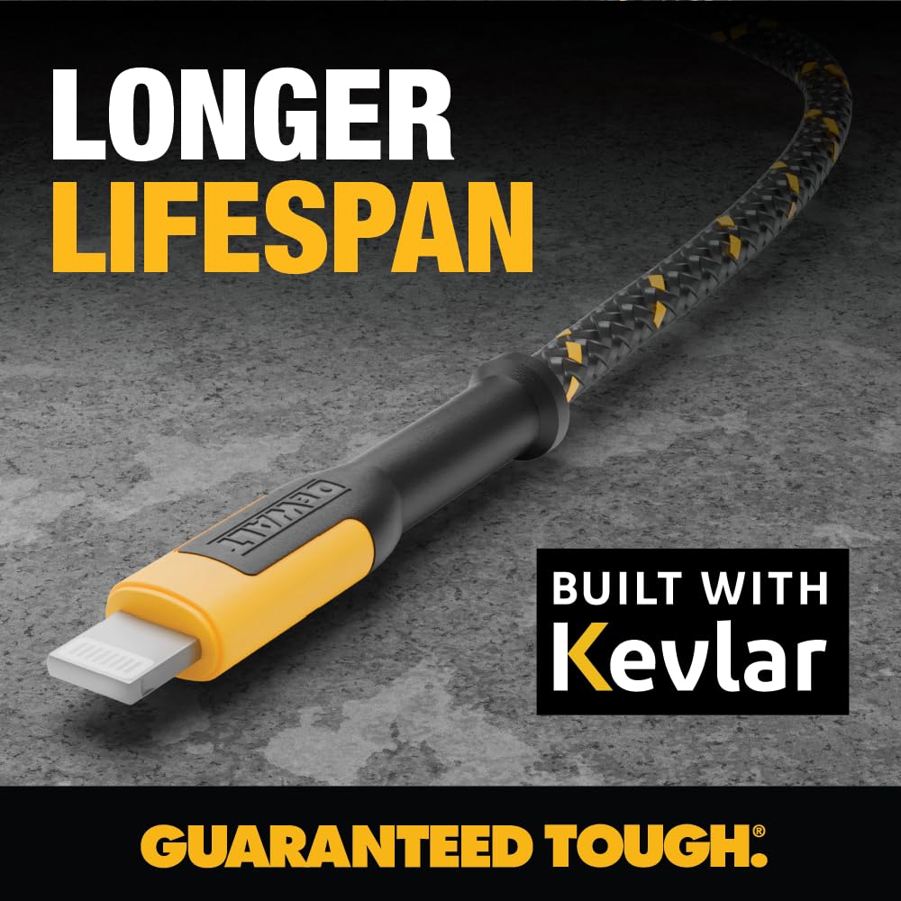 DEWALT Heavy Duty Lightning to USB-A Cable – Reinforced Braided iPhone Charger Cord