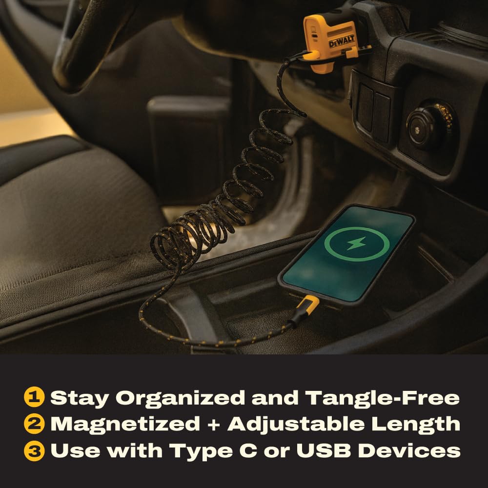 DEWALT Magnetic USB-C Cable 6ft – 60W PD Fast Charging Cord with USB-A Adapter