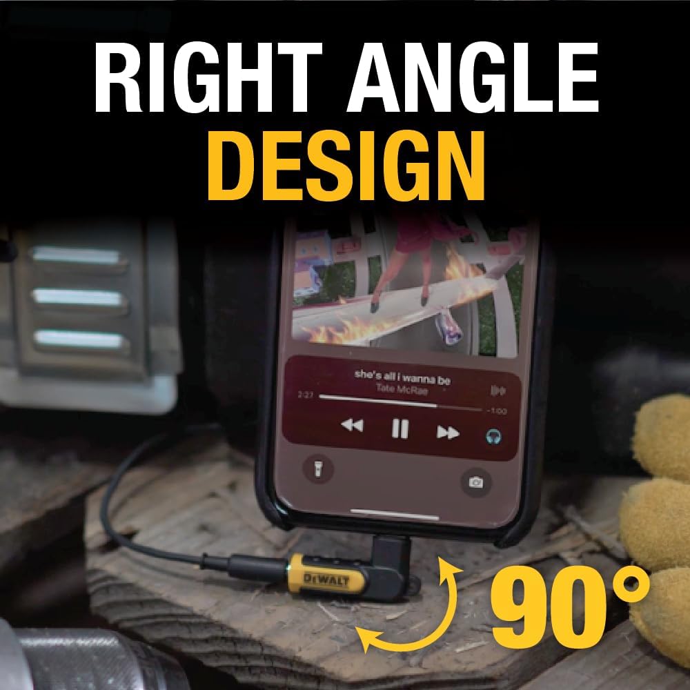 DEWALT Heavy Duty 3.5mm to Lightning Adapter – 90° L Connector, iPhone Audio Jack Converter