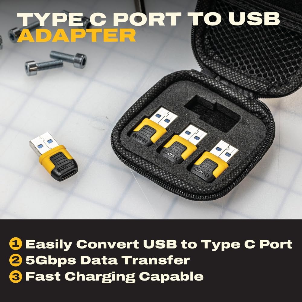 DEWALT USB-C to USB-A Adapter 4-Pack – Fast Charging & 5Gbps Data Converter