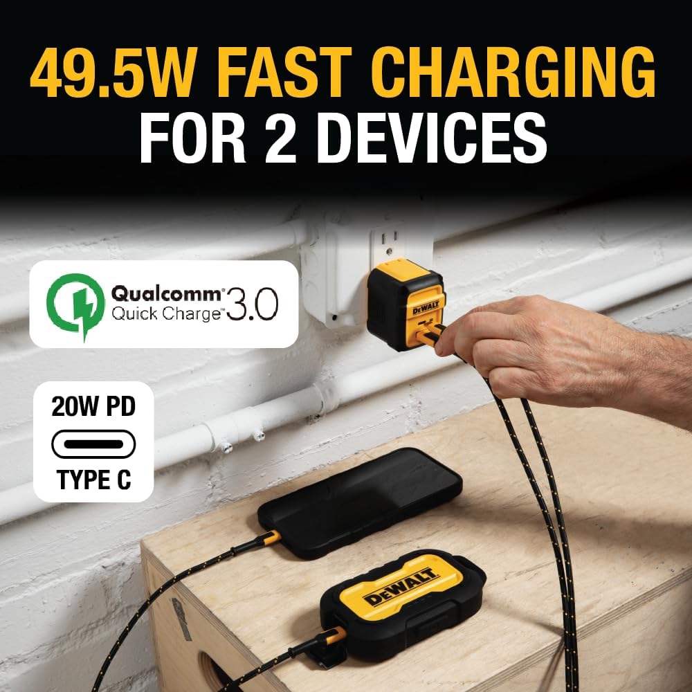 DEWALT Heavy Duty 49.5W Dual Port USB & USB-C Wall Charger – Compact Foldable Adapter