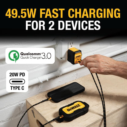 DEWALT Heavy Duty 49.5W Dual Port USB & USB-C Wall Charger – Compact Foldable Adapter
