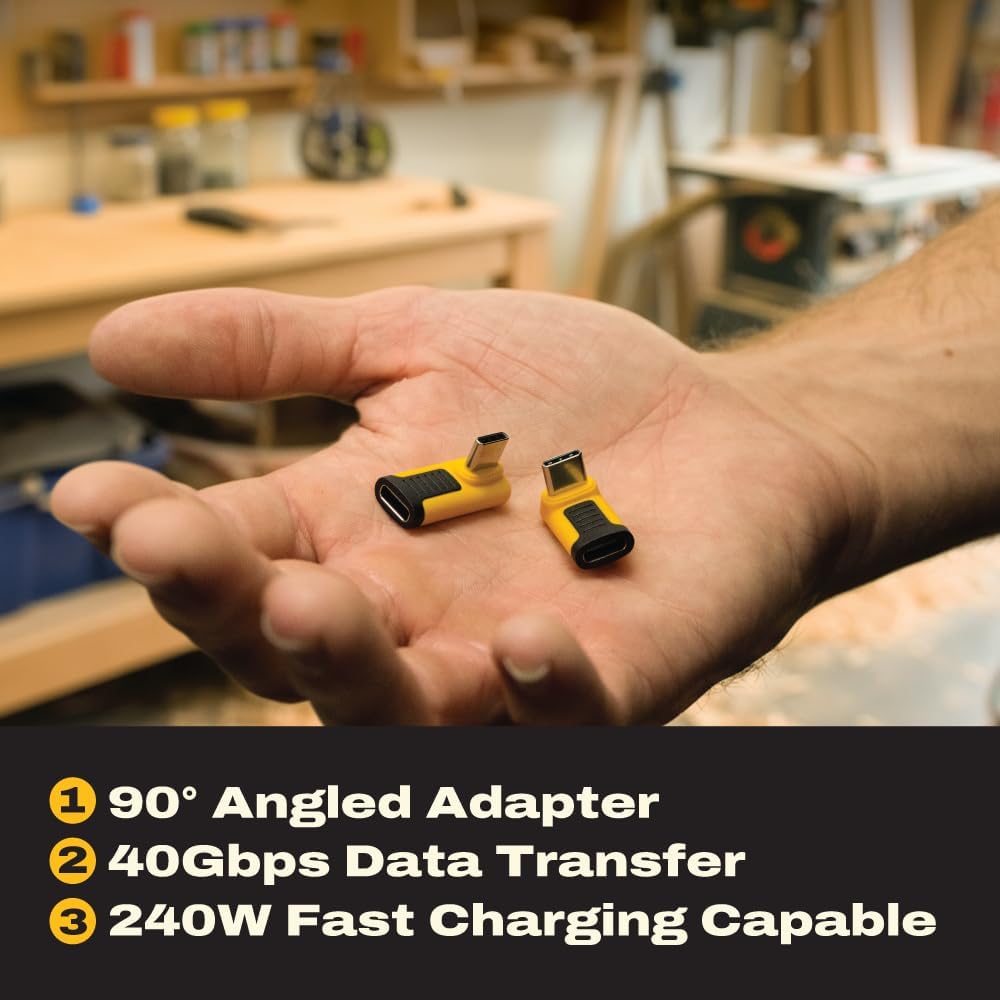 DEWALT 240W 90° USB-C Adapter (2 Styles) – Right Angle USB-C Male to Female Connector, 8K Video, 40Gbps Data, PD Fast Charging, Durable Jobsite Design