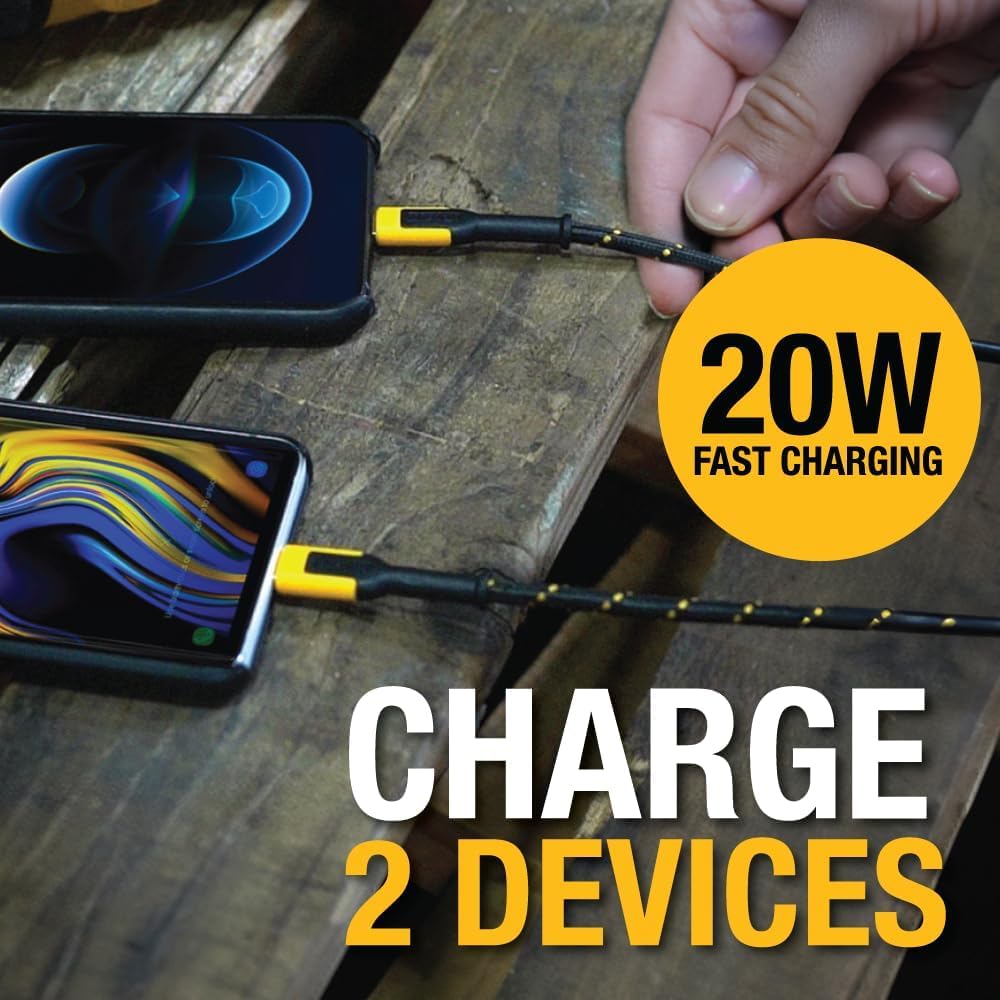 DEWALT NeverBlock 20W Dual USB-C Charger – Angled, Foldable Plug