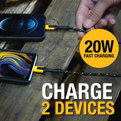 DEWALT NeverBlock 20W Dual USB-C Charger – Angled, Foldable Plug
