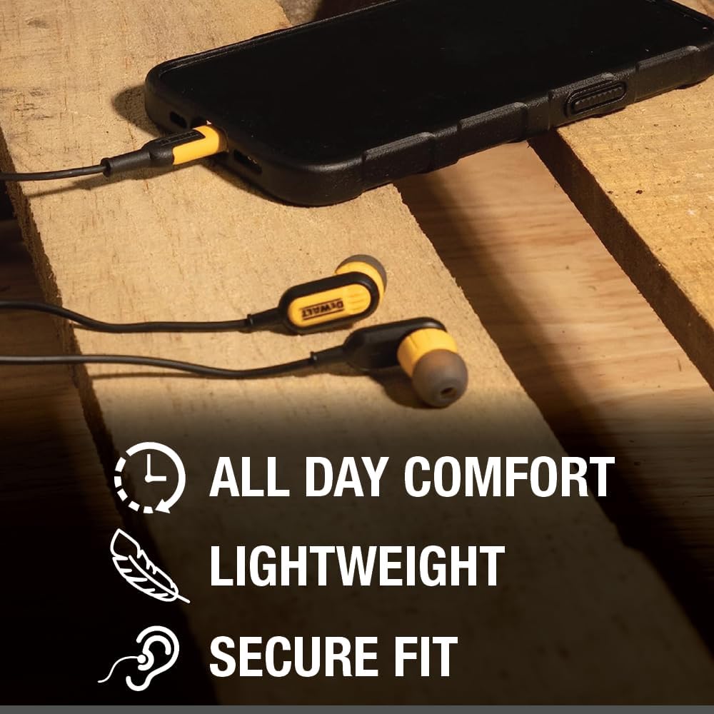 DEWALT Heavy Duty Lightning Earphones (IPX6) – Wired, Jobsite-Safe for iPhone 14 & Older