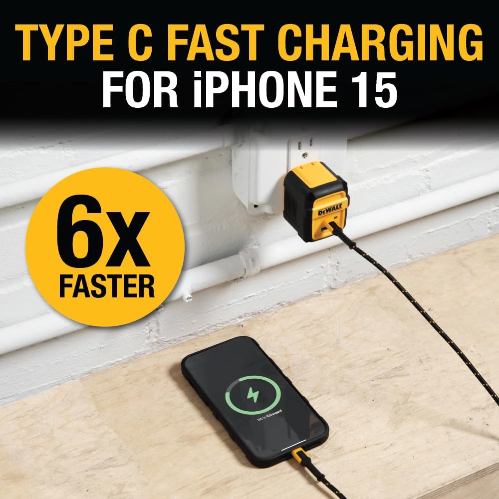 DEWALT Heavy Duty 49.5W Dual Port USB & USB-C Wall Charger – Compact Foldable Adapter