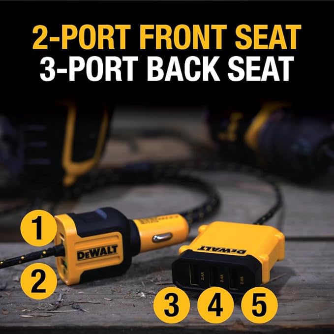 DEWALT 5-Port PD Car Charger – Front & Back Seat USB Fast Charging Hub