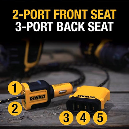 DEWALT 5-Port PD Car Charger – Front & Back Seat USB Fast Charging Hub