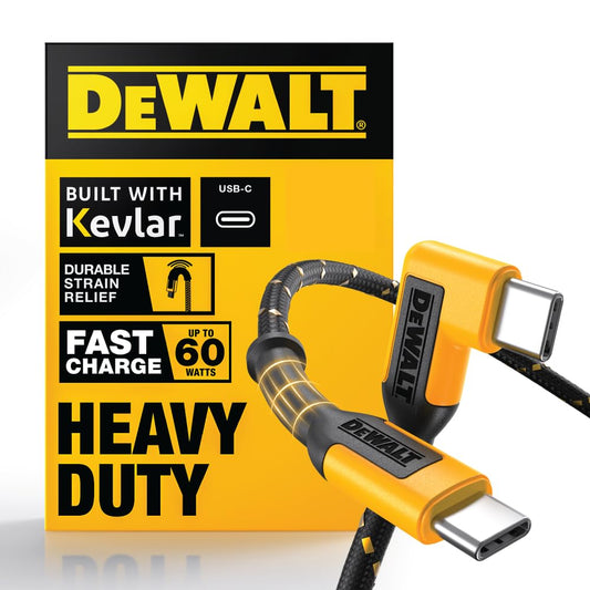 DEWALT Heavy Duty Right Angle USB-C Cable – 60W PD Type-C to Type-C 90° Connector, Fast Charging Cord for iPhone, MacBook, iPad, Samsung Galaxy, Pixel, Switch