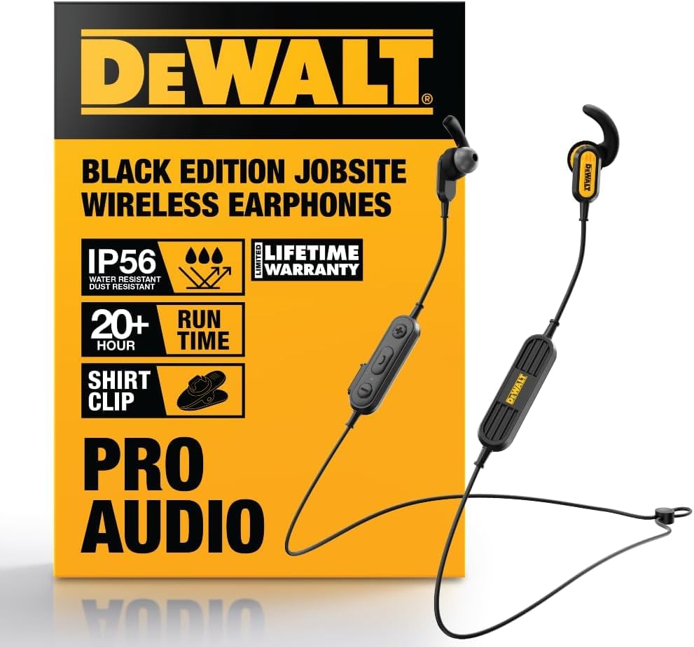 DEWALT Heavy Duty Neckband Bluetooth 5.2 Earbuds – 20H Runtime, IP56, with Mic, Limited Black Edition