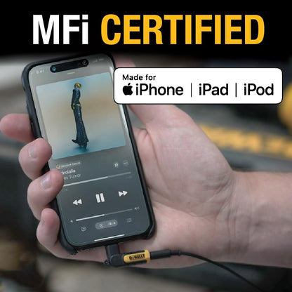 DEWALT Heavy Duty 3.5mm to Lightning Adapter – 90° L Connector, iPhone Audio Jack Converter