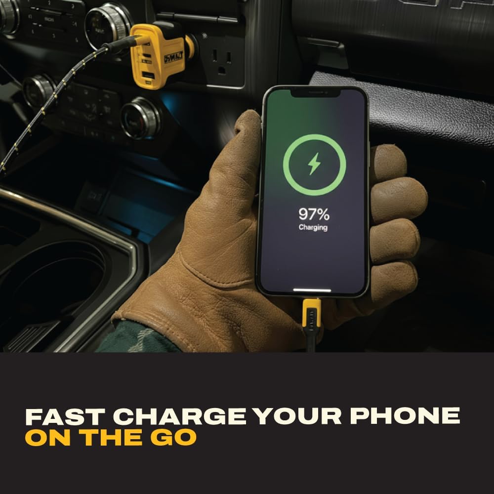 DEWALT 65W 3-Port Car Charger – Dual USB-C + USB-A Fast Charging Adapter