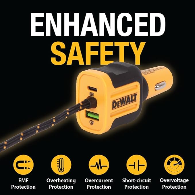 DEWALT 5-Port PD Car Charger – Front & Back Seat USB Fast Charging Hub