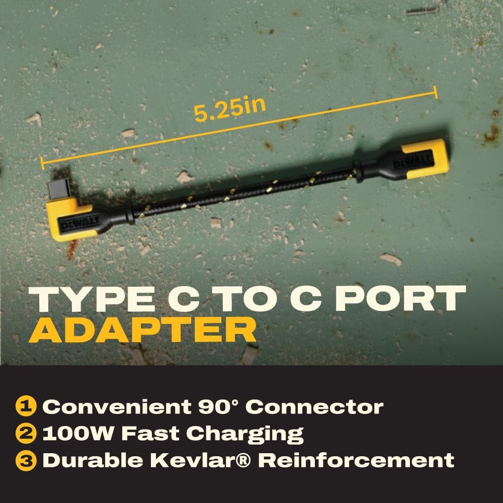 DEWALT 90° USB-C Extension Adapter Cable – 100W PD Right-Angle Type-C Extender