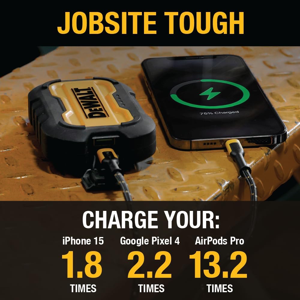 DEWALT Heavy Duty 10,000mAh Portable Power Bank – USB-C Fast Charging Battery Pack