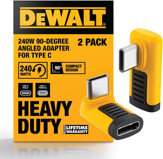 DEWALT 240W 90° USB-C Adapter (2 Styles) – Right Angle USB-C Male to Female Connector, 8K Video, 40Gbps Data, PD Fast Charging, Durable Jobsite Design