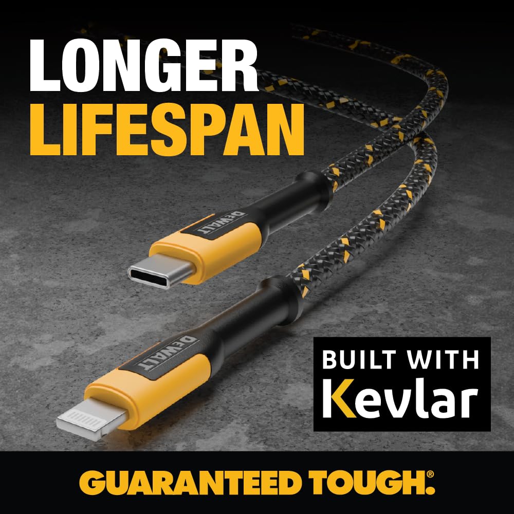 DEWALT Heavy Duty USB-C to Lightning Cable – MFi Certified Fast Charger for iPhone, iPad & AirPods