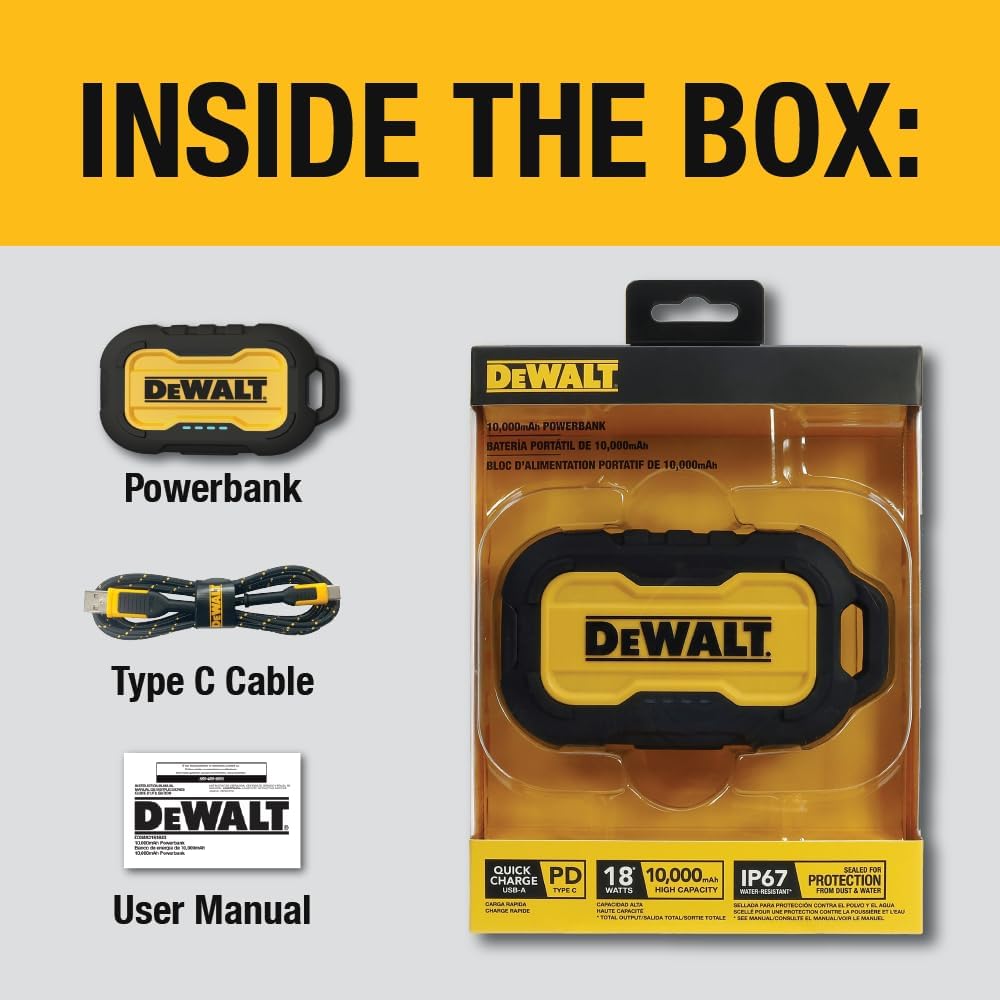 DEWALT Heavy Duty 10,000mAh Portable Power Bank – USB-C Fast Charging Battery Pack